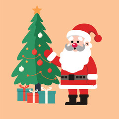 Santa Claus and Christmas Tree Vector Illustration