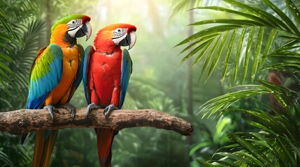 Obraz premium Colorful parrots with vivid feathers perched on a verdant rainforest branch