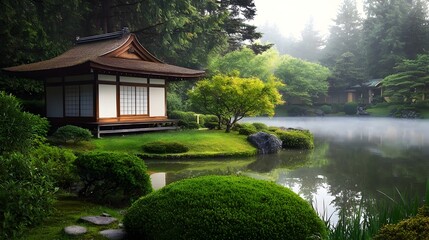 Fototapeta premium Tranquil Japanese Tea House Surrounded by Serene Watercolor Garden Landscape with Pond and Lush Foliage Peaceful and Calming Atmosphere of Traditional Asian Architecture and Nature