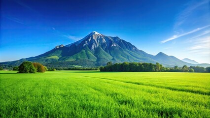 Landscape photo of green field in front of mountain against clear blue sky with silhouetted trees