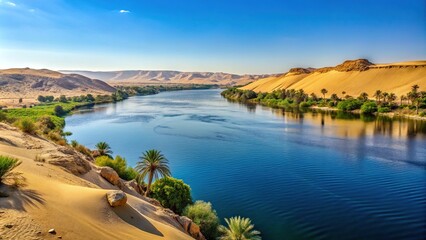 landscape scenery of Nubian desert with Nile river and clear sky