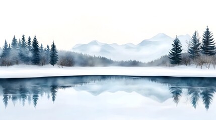 Fototapeta premium Breathtaking frozen lake surrounded by snow covered trees in a serene tranquil winter landscape with a peaceful minimalist watercolor style aesthetic Captures the beauty and calm of a remote