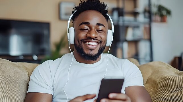 Cheerful Black Guy Enjoying Music and Messaging Friends on Smartphone While Relaxing on Couch in Vibrant Futuristic Environment