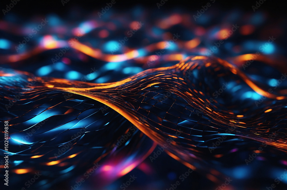 Poster abstract background with a digital mesh pattern, highlighted by pulsating lights and deep shadows, c