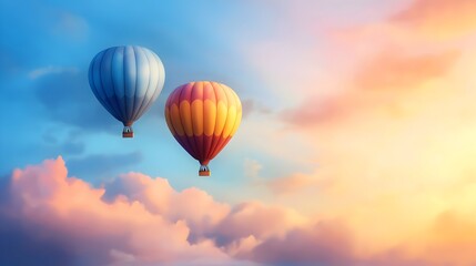 Naklejka premium Ethereal hot air balloons floating peacefully over a vibrant colorful sunrise landscape with soft clouds in a watercolor style rendering conveying a sense of adventure freedom and tranquility