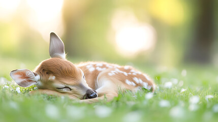 Fototapeta premium A fawn sleeping on green grass