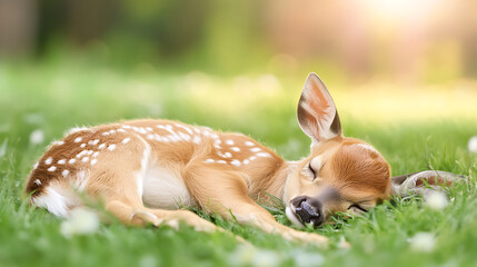 A fawn sleeping on green grass