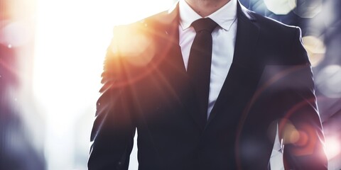 A torso shot of a businessman walking confidently, with sun flares illuminating his shoulder, creating a warm and dynamic atmosphere around him.