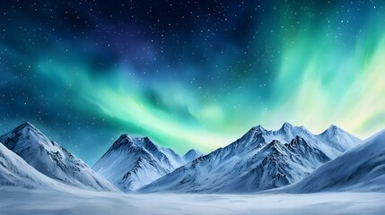Breathtaking Aurora Borealis lights up the night sky over a serene snowy mountain landscape in a vivid watercolor inspired style creating a captivating and ethereal scene