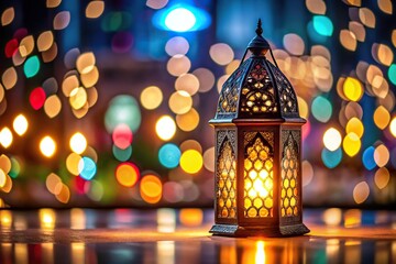 Fototapeta premium Lantern with Islamic lights against background of leading lines