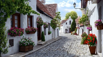 Naklejka premium A picturesque scene of an old European village with cobblestone streets traditional architecture and vibrant flower boxes adorning the quaint houses