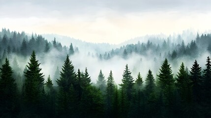 Enchanting misty pine forest landscape with early morning sunlight filtering through the trees captured in a dreamy watercolor style painting