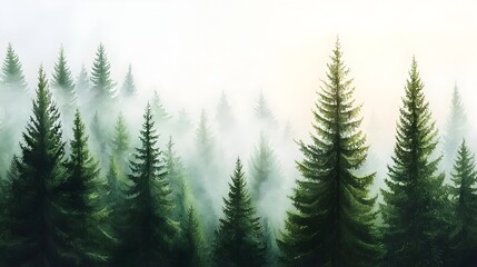 Obraz premium Misty pine forest with early morning sunlight filtering through the trees creating a serene and ethereal watercolor style landscape