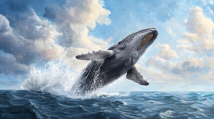 Fototapeta premium Majestic Whale Breaching the Ocean Surface Splashing Water in Vibrant Watercolor Painting Style