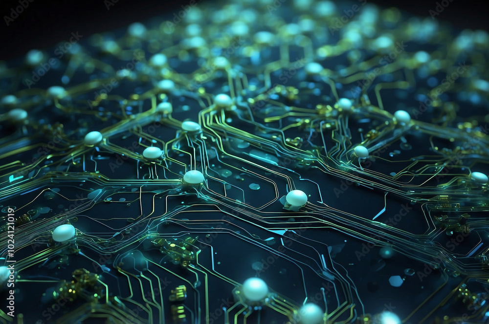 Poster abstract tech background featuring a circuit board design with glowing lines and nodes, blending sha