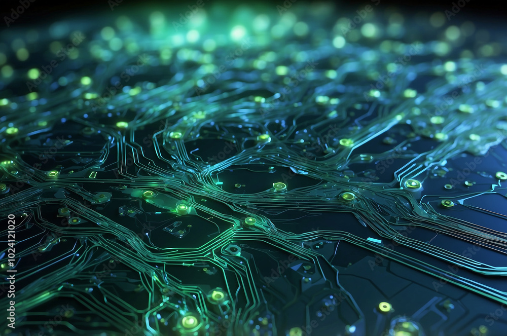 Poster abstract tech background featuring a circuit board design with glowing lines and nodes, blending sha