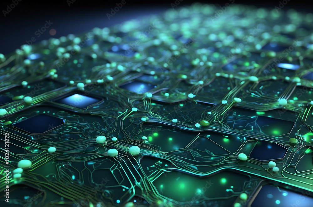 Poster abstract tech background featuring a circuit board design with glowing lines and nodes, blending sha