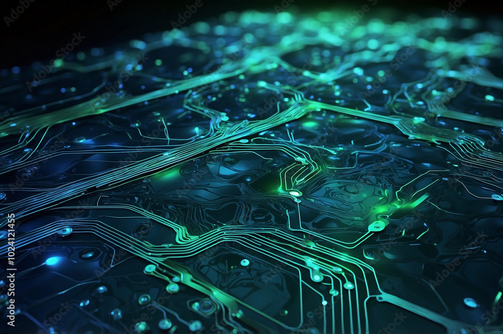 Poster abstract tech background featuring a circuit board design with glowing lines and nodes, blending sha