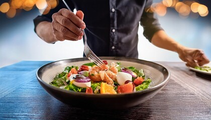 Faceless man eat Salade Niçoise in restaurant with bokeh background. France Food.