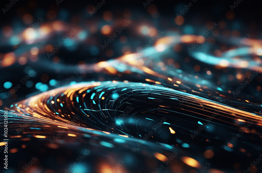 Fototapete Abstract tech background with swirling particle effects and light trails, creating a sense of depth and movement, ideal for a digital environment.