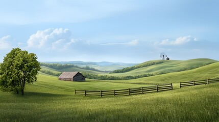 Tranquil rural landscape with rolling fields a distant windmill and a warm late afternoon light painted in a soft watercolor style