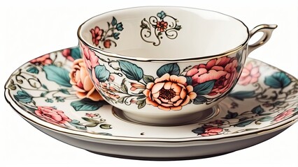 A stylish tea saucer sticker with a vintage floral design and intricate detailing, isolated on white background