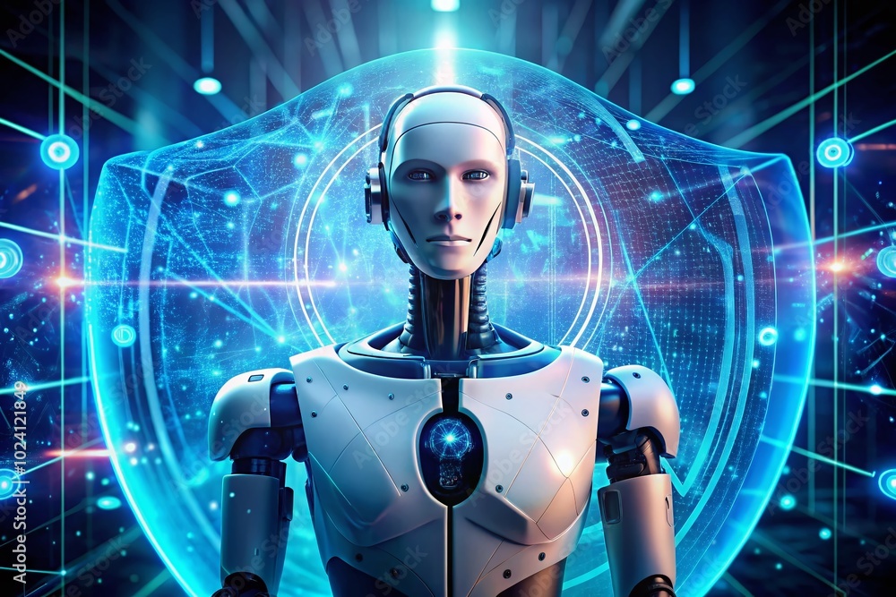 Poster humanoid robot behind holographic screen safeguarding data against threats of artificial intelligenc