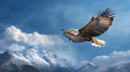 Obraz premium Majestic soaring eagle with outstretched wings against a backdrop of snow capped mountains and a clear blue sky rendered in a captivating watercolor painting style