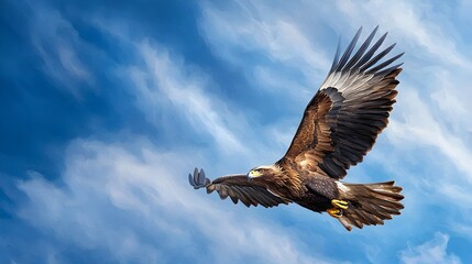 Obraz premium Majestic eagle soaring gracefully against a clear blue sky with a stunning mountain backdrop in a watercolor painting inspired style This image conveys a sense of freedom power