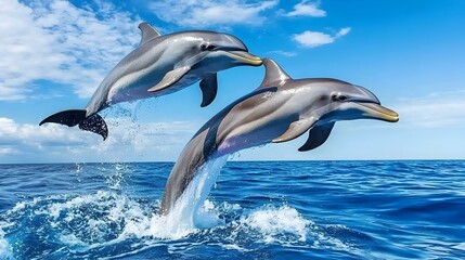 Fototapeta premium Majestic dolphins joyfully leaping out of the crystal clear sparkling ocean waters against a backdrop of a vibrant picturesque blue sky This captivating scene evokes a sense of freedom adventure