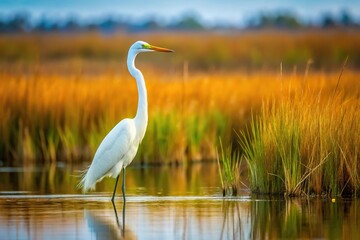 Obraz premium Large Egret in marsh landscape interacting with wildlife