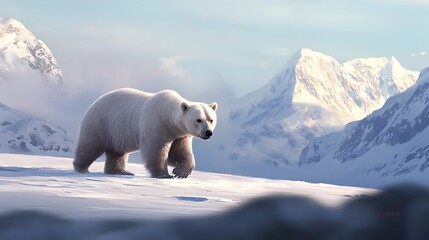 A magnificent polar bear carefully navigating across a vast snow covered expanse with towering glaciers and icy tundra in the distance capturing the essence of the remote and serene Arctic wilderness