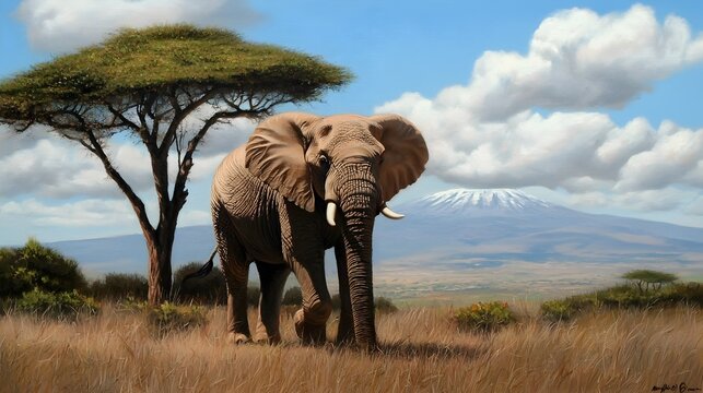 Majestic elephant walking through the serene savannah with iconic acacia trees dotting the landscape and distant mountains creating a breathtaking backdrop