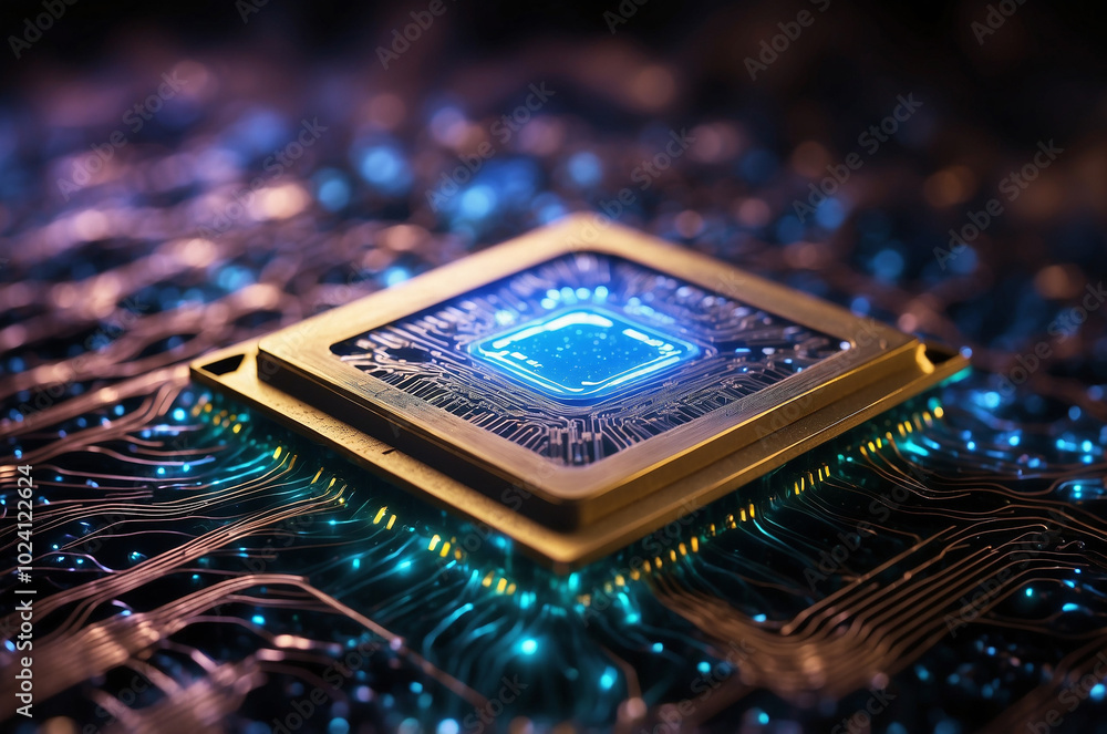 Poster close-up of a glowing microchip, surrounded by swirling data streams and binary code, evoking the es