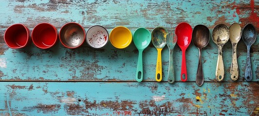 Colorful Vintage Kitchenware Arrangement on Rustic Wooden Table