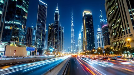 Obraz premium Panoramic view of a vibrant city skyline at night featuring brightly lit skyscrapers busy streets and a dynamic urban atmosphere