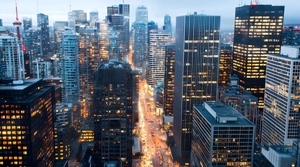 Captivating panoramic view of a vibrant metropolitan city at nightfall showcasing the striking silhouettes of brightly illuminated high rise buildings and the bustling activity of the streets below
