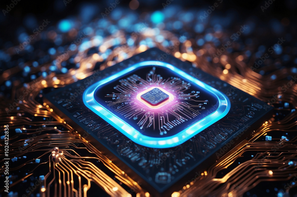 Poster close-up of a glowing microchip, surrounded by swirling data streams and binary code, evoking the es
