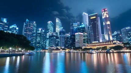 Mesmerizing night scene of a metropolitan city skyline with towering buildings illuminated their lights reflected in the peaceful waters of the river below