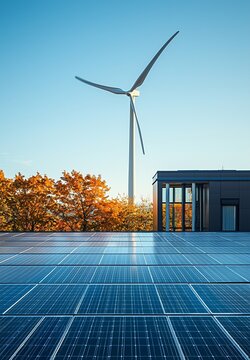 Renewable Energy Solar Panels and Wind Turbine in a Sustainable Eco Friendly Landscape