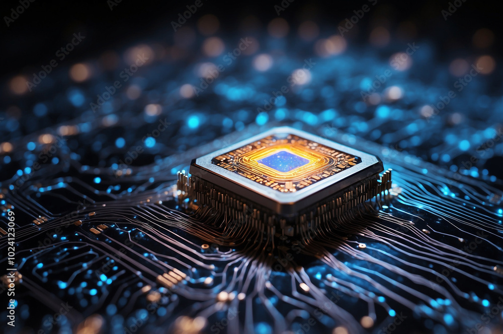 Aufkleber close-up of a glowing microchip, surrounded by swirling data streams and binary code, evoking the es