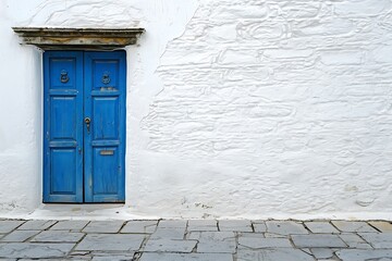 Blue wooden door on a white wall in Chefchaouen, Morocco