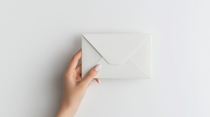 Fototapeta premium Closeup view of a person s hand holding a plain white envelope against a clean minimalist desk or workspace background with copy space
