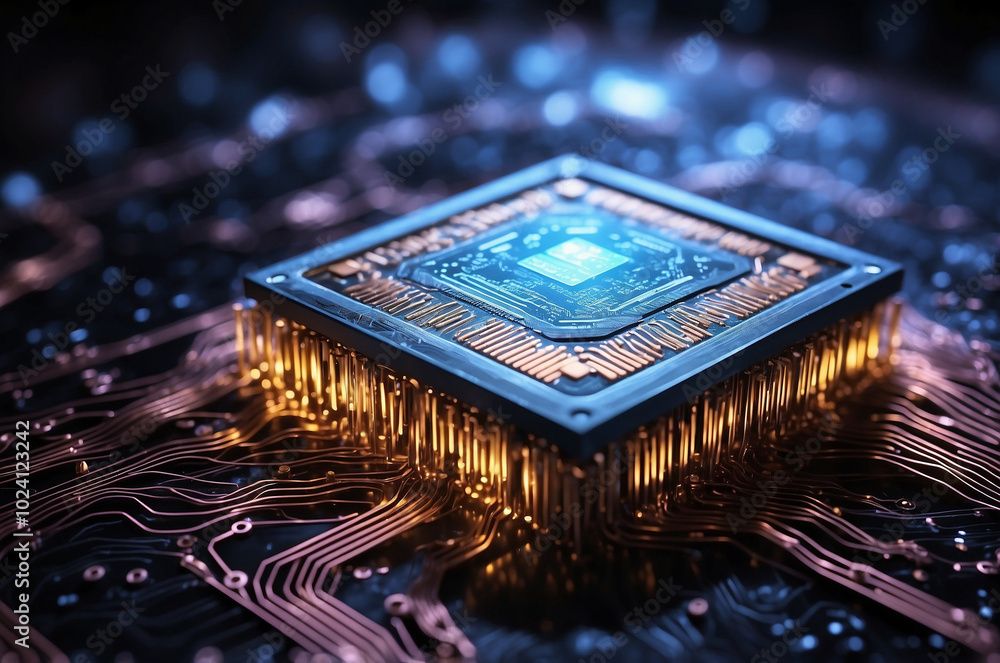 Poster close-up of a glowing microchip, surrounded by swirling data streams and binary code, evoking the es