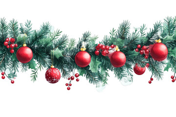 Naklejka premium Christmas Garland with Red Baubles and Pine Branches