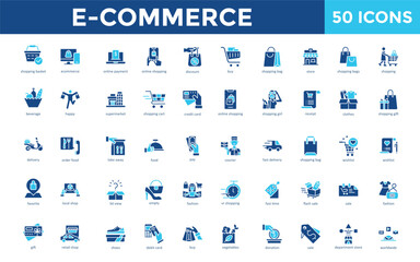 E-commerce icon set with shopping basket, e commerce, online payment, online shopping, discount, buy, shopping bag, store, shopping bags icon. Simple flat vector 
