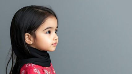 Malay little girl in traditional kaftan cloth made from luxury fabric