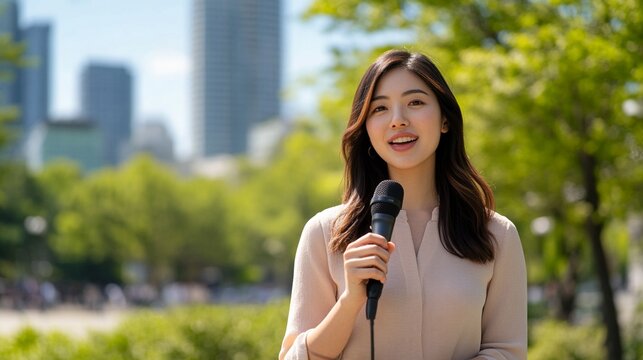 Confident and Energetic Young Professional Woman Speaking into Microphone at Outdoor Business Event with Cityscape and Greenery in Background