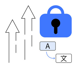 Lock icon, upward arrows, and language translation symbols conveying growth and security. Ideal for data protection, multilingual communication, growth strategy, cybersecurity, and international
