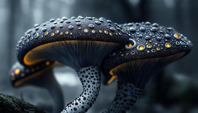 two mushrooms sitting tree stump exotic alien features fireflies glow trend visually striking